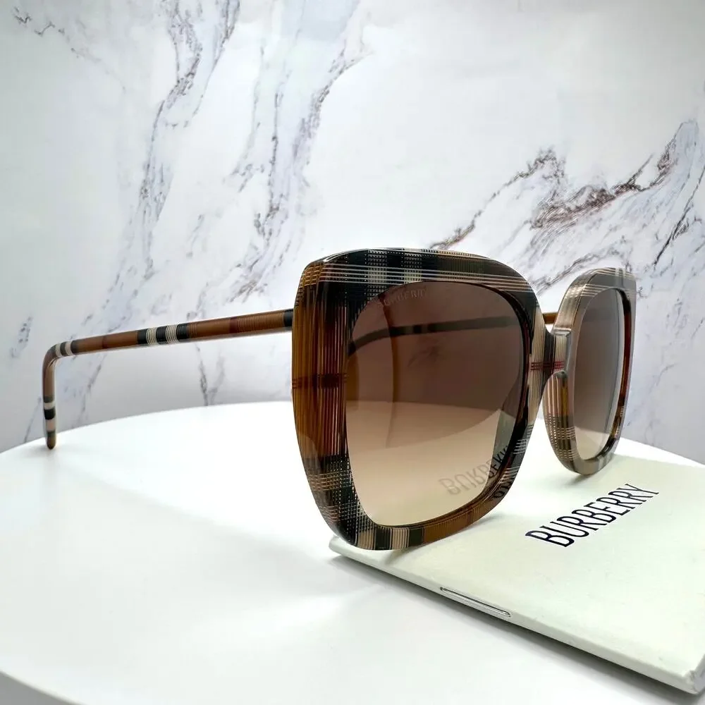 New Burberry Sunglasses Brown Check Square Frames Gradient Lens w/ Case BURBERRY - Picture 13 of 16